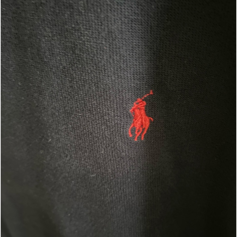 Ralph Lauren 4XLT pullover sweater, navy w/red horse w/ brown leather zipper.